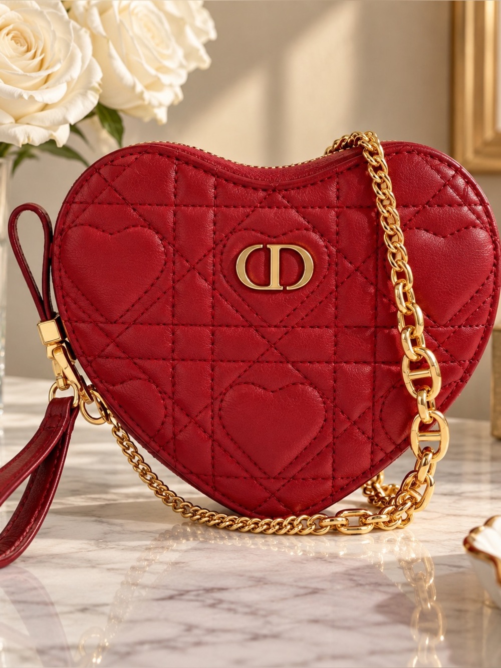 Dior CURRENT $1650 Red Quilted Heart Mini Crossbody with Gold Chain